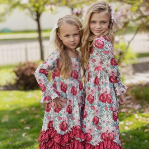 Burgundy and White Floral Ruffle Dress
