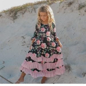 Dusty Pink and Black Floral Ruffle Dress