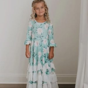 Mint and White Floral Long Sleeve Ruffle Dress