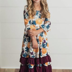 Mustard and Wine Floral Ruffle Dress