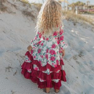 Rosy Red Floral Long Sleeve Ruffle Dress