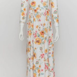 Floral print dress with 3/4 length sleeves, pull over style, full maxi dress.