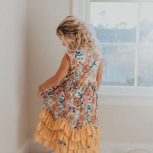 Retro Floral Auburn Ruffle Dress
