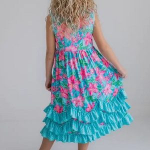 Tropical Blue and Pink Ruffle Dress